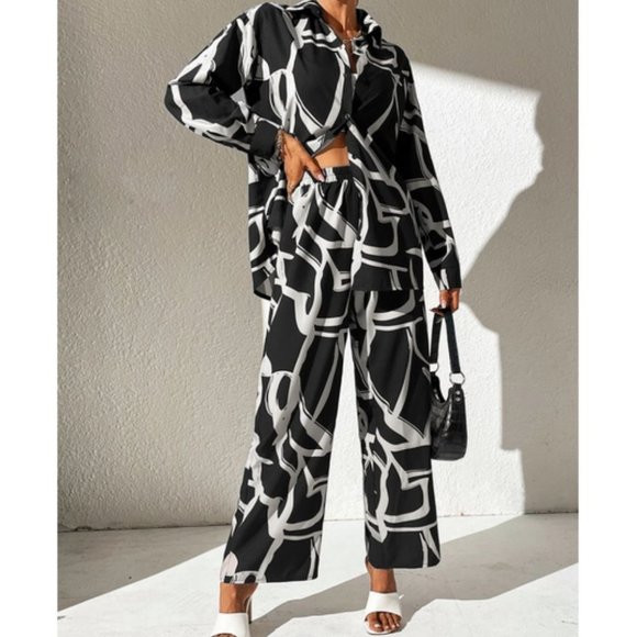 white black shirt & wide leg pant set chic fun - Picture 6 of 6